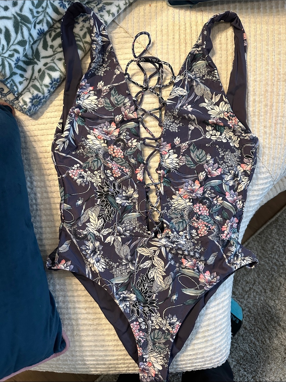 Floral Reversible Lace-Up Girls One-Piece Swimsuit - Navy Floral